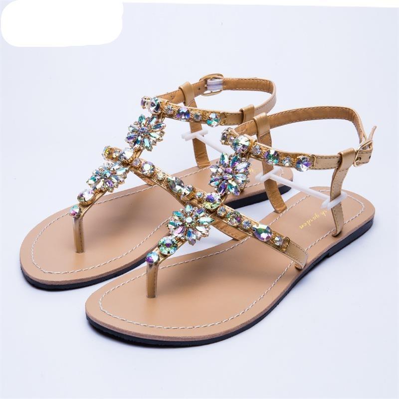 Rhinestones T-Strap Flat Sandals - Sandals - LeStyleParfait