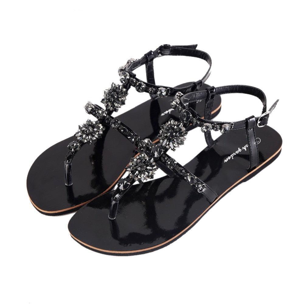 Rhinestones T-Strap Flat Sandals - Sandals - LeStyleParfait