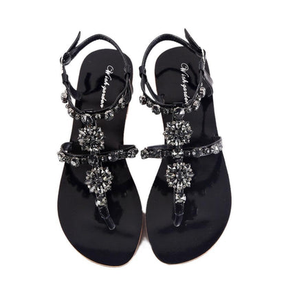 Rhinestones T-Strap Flat Sandals - Sandals - LeStyleParfait