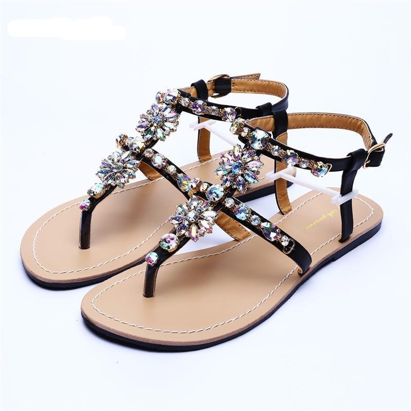 Rhinestones T-Strap Flat Sandals - Sandals - LeStyleParfait