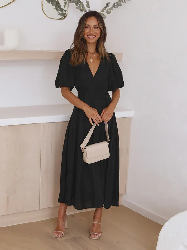 A-line,a-line dress,casual,casual dress,cotton,cotton dress,flowy,flowy dress,flowy hem dress,ladies Wrinkle resistant,maxi,maxi dress,puff sleeve,puff sleeves dress,Quick drying maxi dress,slip-on,slip-on dress,solid,solid dress,straight,summer,summer dress,V-neck,v-neck dress-LeStyleParfait