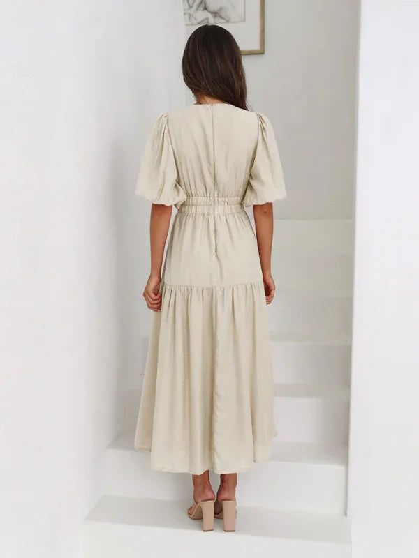 A-line,a-line dress,casual,casual dress,cotton,cotton dress,flowy,flowy dress,flowy hem dress,ladies Wrinkle resistant,maxi,maxi dress,puff sleeve,puff sleeves dress,Quick drying maxi dress,slip-on,slip-on dress,solid,solid dress,straight,summer,summer dress,V-neck,v-neck dress-LeStyleParfait