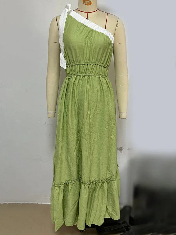 A-line,A-line dress,casual,casual dress,cotton,cotton dress,flared,flared dress,flowy,flowy dress,lace-up dress,ladies Wrinkle resistant,maxi,maxi dress,maxi hem dress,one-shoulder,one-shoulder dress,Quick drying maxi dress,ruffles,sleeveless,sleeveless dress,slip-on,solid,solid dress,straight,summer,summer dress-LeStyleParfait