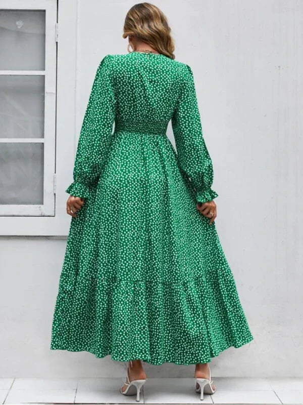 A-line,A-line dress,casual,casual dress,chiffon,chiffon dress,flared,flared dress,floor-grazing dress,flowy,flowy dress,ladies Wrinkle resistant,long sleeve,long sleeves dress,maxi,maxi dress,polka dot,polka dot dress,polka dot maxi dress,Quick drying maxi dress,ruffles,slip-on,slip-on dress,spring,spring dress,straight,V-neck,V-neck dress-LeStyleParfait