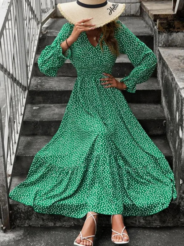 A-line,A-line dress,casual,casual dress,chiffon,chiffon dress,flared,flared dress,floor-grazing dress,flowy,flowy dress,ladies Wrinkle resistant,long sleeve,long sleeves dress,maxi,maxi dress,polka dot,polka dot dress,polka dot maxi dress,Quick drying maxi dress,ruffles,slip-on,slip-on dress,spring,spring dress,straight,V-neck,V-neck dress-LeStyleParfait