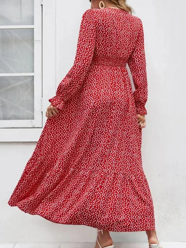 A-line,A-line dress,casual,casual dress,chiffon,chiffon dress,flared,flared dress,floor-grazing dress,flowy,flowy dress,ladies Wrinkle resistant,long sleeve,long sleeves dress,maxi,maxi dress,polka dot,polka dot dress,polka dot maxi dress,Quick drying maxi dress,ruffles,slip-on,slip-on dress,spring,spring dress,straight,V-neck,V-neck dress-LeStyleParfait