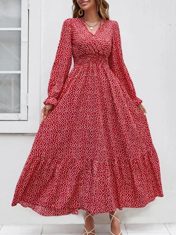 A-line,A-line dress,casual,casual dress,chiffon,chiffon dress,flared,flared dress,floor-grazing dress,flowy,flowy dress,ladies Wrinkle resistant,long sleeve,long sleeves dress,maxi,maxi dress,polka dot,polka dot dress,polka dot maxi dress,Quick drying maxi dress,ruffles,slip-on,slip-on dress,spring,spring dress,straight,V-neck,V-neck dress-LeStyleParfait
