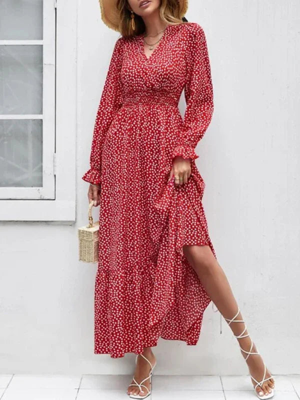 A-line,A-line dress,casual,casual dress,chiffon,chiffon dress,flared,flared dress,floor-grazing dress,flowy,flowy dress,ladies Wrinkle resistant,long sleeve,long sleeves dress,maxi,maxi dress,polka dot,polka dot dress,polka dot maxi dress,Quick drying maxi dress,ruffles,slip-on,slip-on dress,spring,spring dress,straight,V-neck,V-neck dress-LeStyleParfait