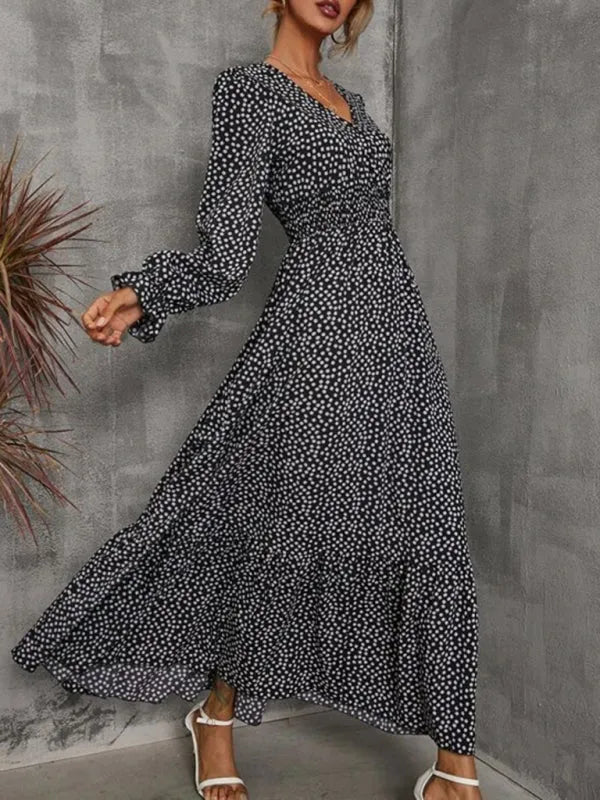 A-line,A-line dress,casual,casual dress,chiffon,chiffon dress,flared,flared dress,floor-grazing dress,flowy,flowy dress,ladies Wrinkle resistant,long sleeve,long sleeves dress,maxi,maxi dress,polka dot,polka dot dress,polka dot maxi dress,Quick drying maxi dress,ruffles,slip-on,slip-on dress,spring,spring dress,straight,V-neck,V-neck dress-LeStyleParfait