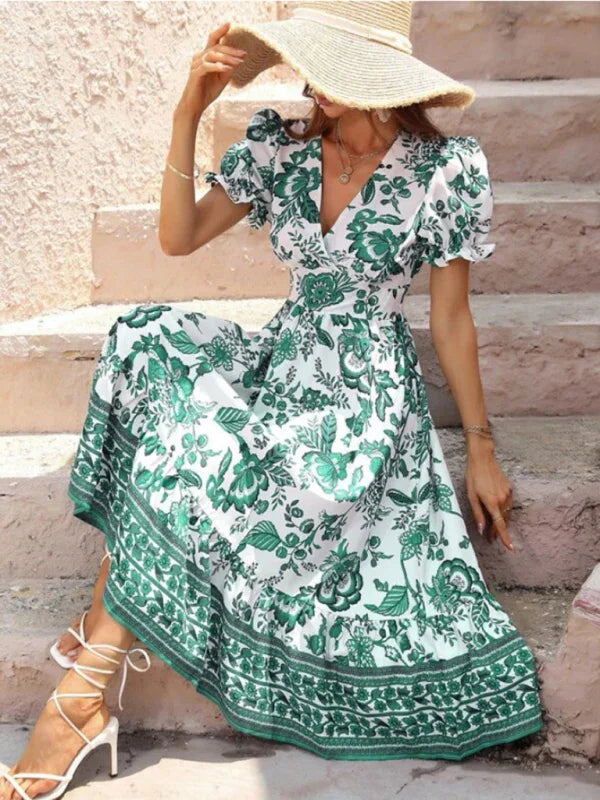 A-line,a-line dress,casual,casual dress,cotton,cotton dress,floral,floral dress,flowy,flowy dress,ladies Wrinkle resistant,maxi,maxi dress,puff sleeve,puff sleeves dress,Quick drying maxi dress,relaxed dress,slip-on,slip-on dress,straight,summer,summer dress,V-neck,v-neck dress-LeStyleParfait