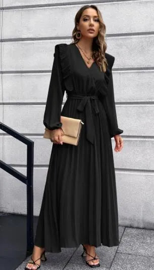 A-line,A-line dress,flowy,flowy dress,ladies Wrinkle resistant,long sleeve,long sleeves dress,maxi,maxi dress,party,party dress,pleated,pleated dress,pleated maxi dress,pleats,polyester,polyester dress,Quick drying maxi dress,solid,solid dress,spring,spring dress,straight,straight hem dress,V-neck,V-neckline dress,wrap tie,wrap tie dress-LeStyleParfait