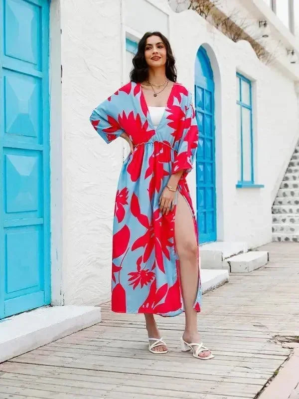 LeStyleParfait Women Dress Maxi Dress Maxi/Long Dress Long Sleeves Floral V-Neck-Maxi Dress