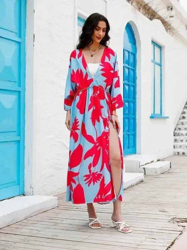 LeStyleParfait Women Dress Maxi Dress Maxi/Long Dress Long Sleeves Floral V-Neck-Maxi Dress