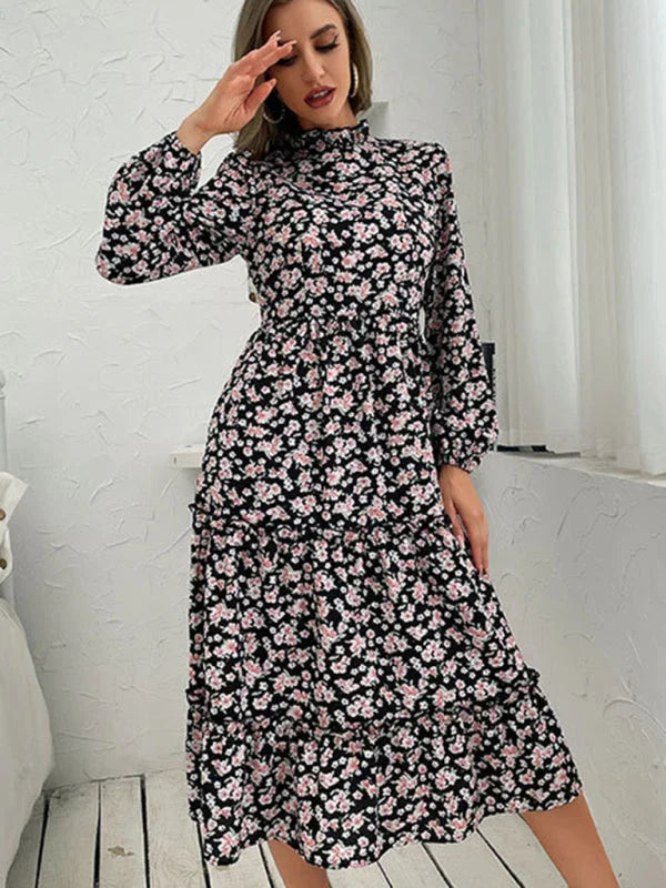 Women Romantic Floral High-Neck Midi Dress - Floral Midi Dress - LeStyleParfait