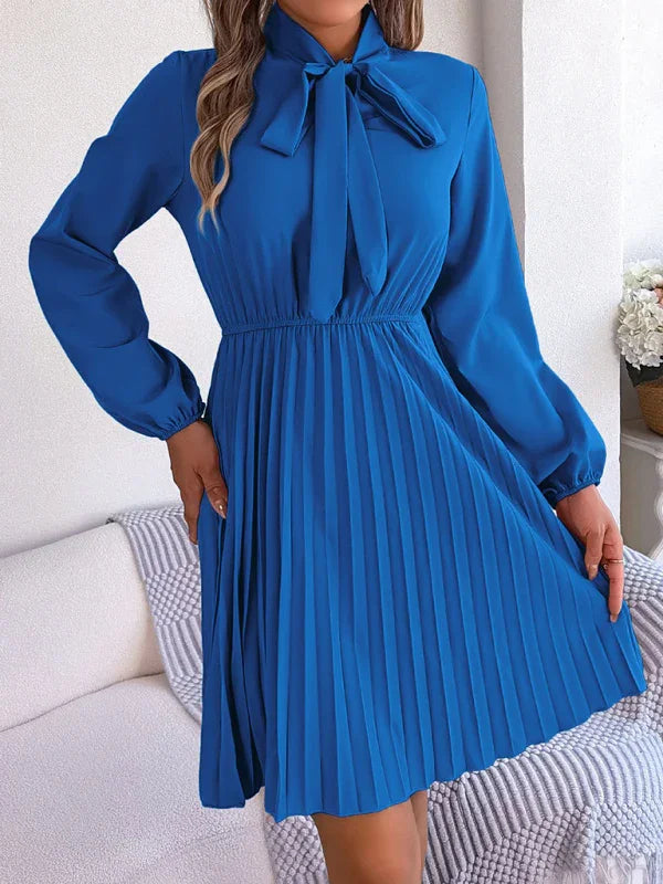 A-line,a-line dress,chiffon,chiffon dress,fall,fall dress,high-neck,high-neck dress,ladies Wrinkle resistant,long sleeve,long sleeves dress,midi,midi dress,midi hem dress,office,office dress,pleated,pleated skirt dress,pleats,Quick drying midi dress,regular,regular fit dress,slip-on,slip-on dress,solid,solid dress,straight-LeStyleParfait