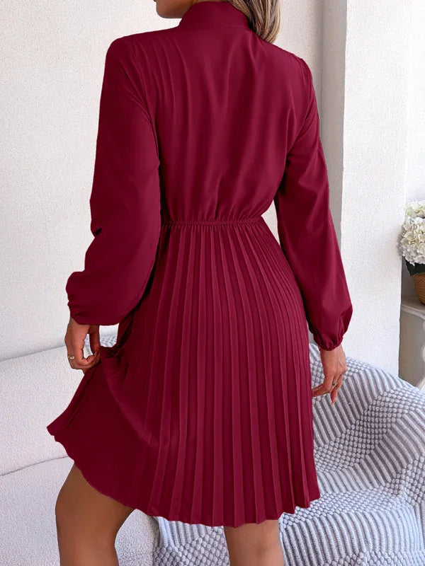 A-line,a-line dress,chiffon,chiffon dress,fall,fall dress,high-neck,high-neck dress,ladies Wrinkle resistant,long sleeve,long sleeves dress,midi,midi dress,midi hem dress,office,office dress,pleated,pleated skirt dress,pleats,Quick drying midi dress,regular,regular fit dress,slip-on,slip-on dress,solid,solid dress,straight-LeStyleParfait