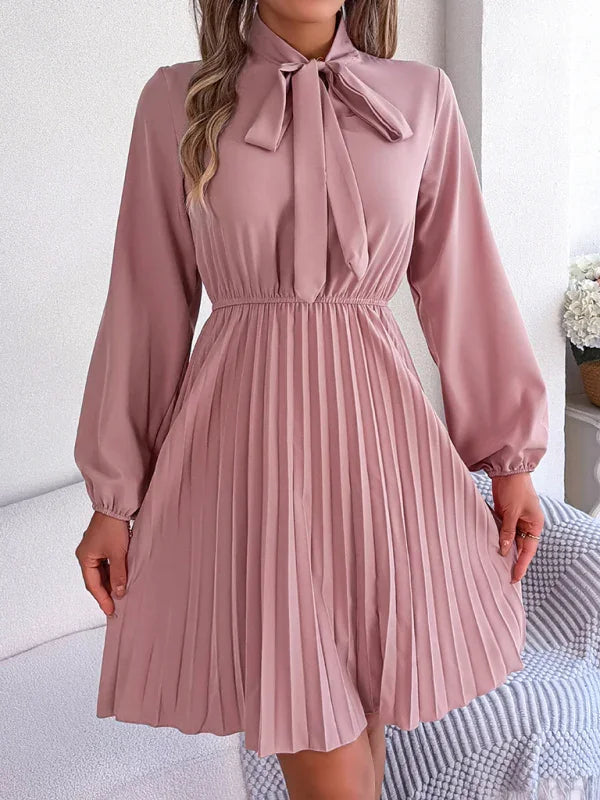 A-line,a-line dress,chiffon,chiffon dress,fall,fall dress,high-neck,high-neck dress,ladies Wrinkle resistant,long sleeve,long sleeves dress,midi,midi dress,midi hem dress,office,office dress,pleated,pleated skirt dress,pleats,Quick drying midi dress,regular,regular fit dress,slip-on,slip-on dress,solid,solid dress,straight-LeStyleParfait