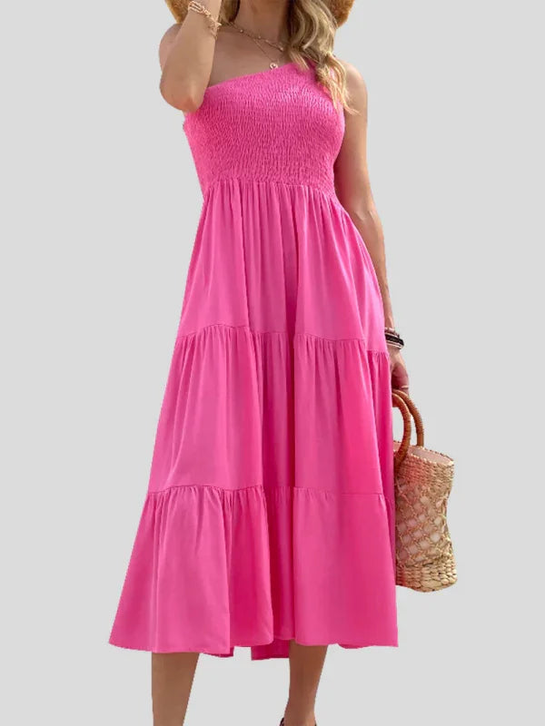 A-line,a-line dress,casual,casual dress,cotton,cotton dress,flowy,flowy dress,ladies Wrinkle resistant,layered,midi,off-shoulder,Quick drying midi dress,sleeveless,sleeveless dress,slip-on,slip-on dress,solid,solid dress,solid midi dress,straight,strapless dress,summer,summer dress,tiered,tiered dress-LeStyleParfait