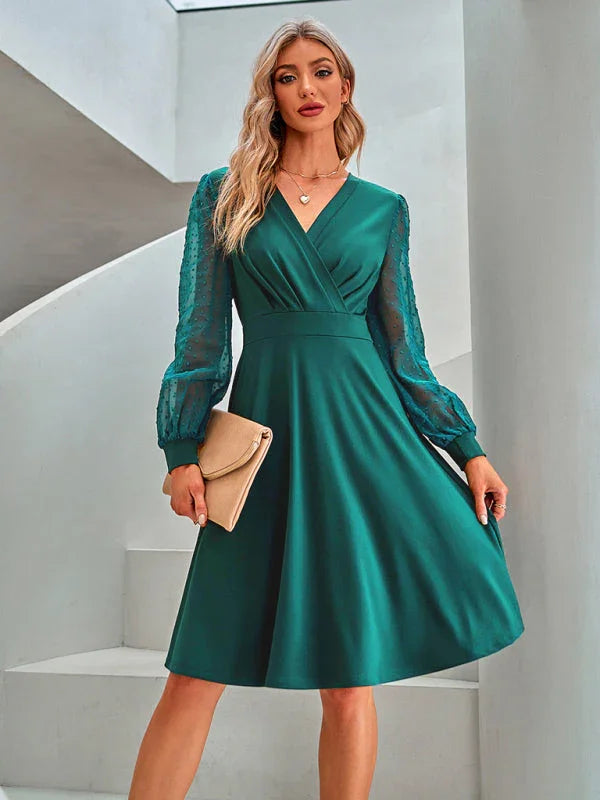 Women Elegant Solid Midi Dress with Dot-Mesh Sleeves - Solid Midi Dress - LeStyleParfait