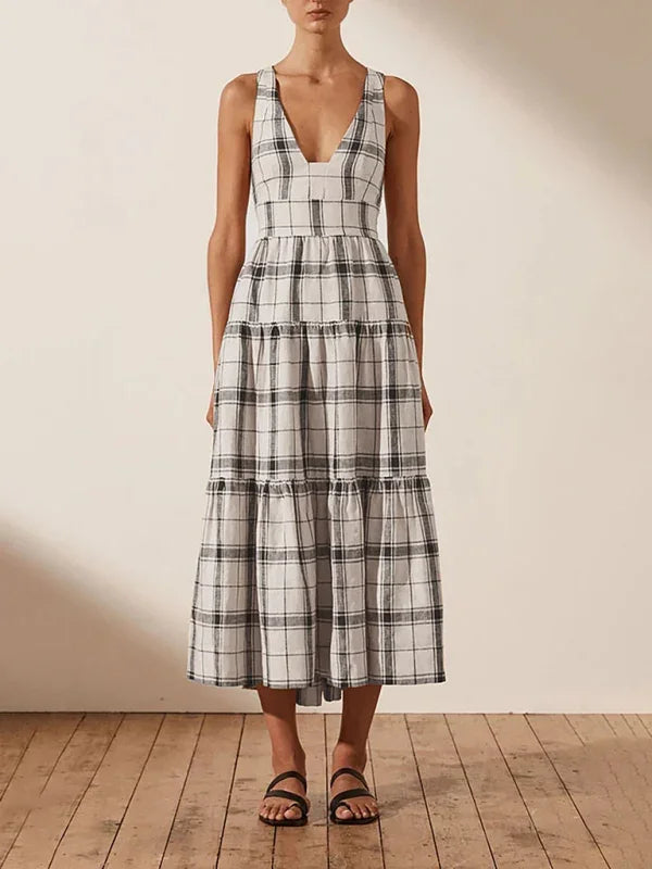 Women Sophisticated Plaid V-Neck Midi Dress - Plaid Midi Dress - LeStyleParfait