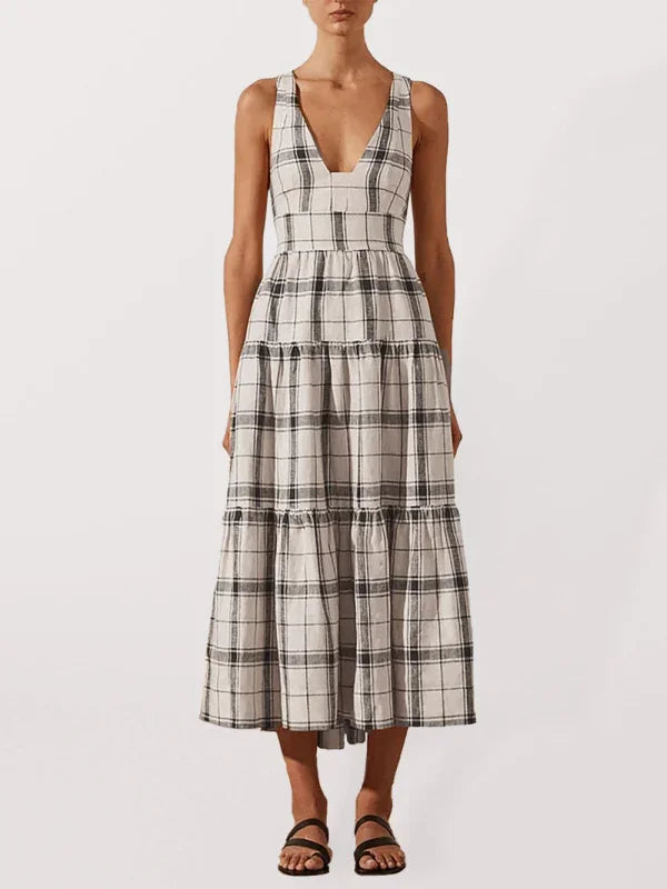 Women Sophisticated Plaid V-Neck Midi Dress - Plaid Midi Dress - LeStyleParfait