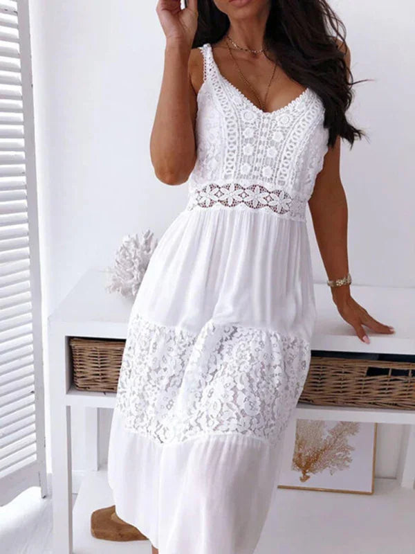 A-line,A-line dress,beach,beach dress,flowy,flowy dress,lace,lace dress,Lace Midi Dress,lace overlay,lace trim,ladies Wrinkle resistant,midi,midi dress,Quick drying midi dress,sleeveless,sleeveless dress,slip-on,slip-on dress,solid dress,straight,summer,summer dress,V-neck,V-neck dress-LeStyleParfait