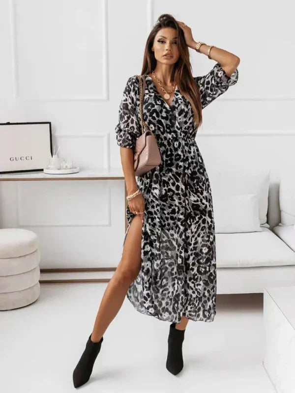 Women Elegant Floral Chiffon Wrap Midi Dress - Floral Midi Dress - LeStyleParfait