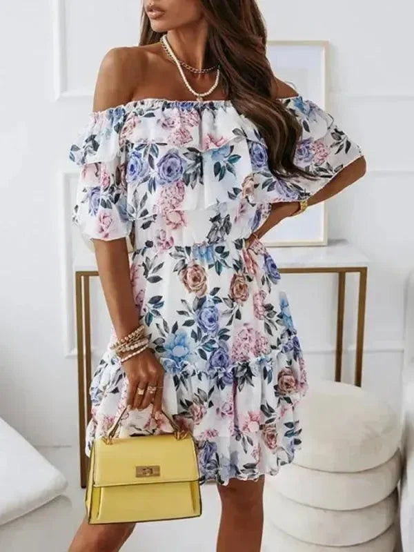 LeStyleParfait Women Dress Mini Dress Midi-Dress Off-Shoulder Floral Off-Shoulder-Mini Dress