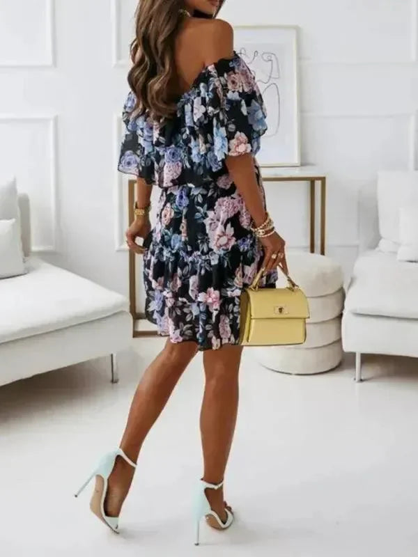 LeStyleParfait Women Dress Mini Dress Midi-Dress Off-Shoulder Floral Off-Shoulder-Mini Dress