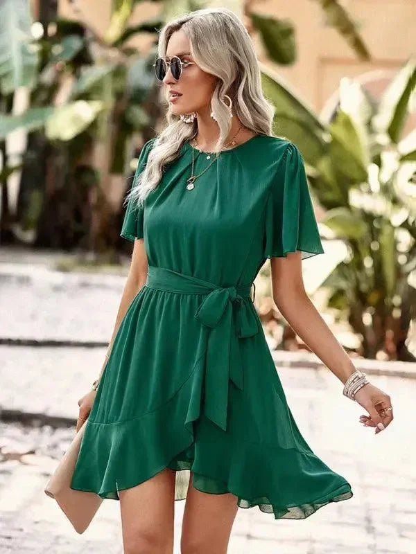 LeStyleParfait Women Dress Mini Dress Midi-Dress Short Sleeves Plain-Solid Round Neck-Mini Dress