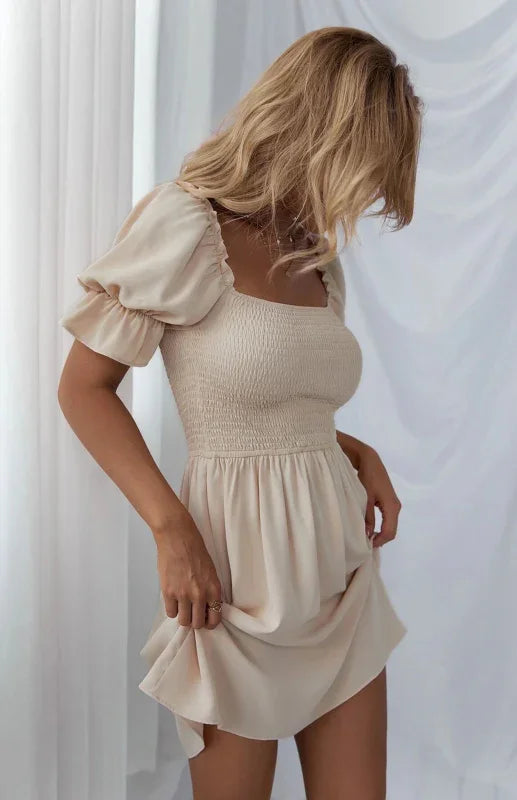 A-line,a-line dress,chiffon,chiffon dress,empire,empire dress,flowy,flowy dress,ladies Wrinkle resistant,mini,mini dress,mini hem dress,party,party dress,puff sleeve,puff sleeve dress,Quick drying mini dress,ruffles,slip-on,slip-on dress,solid,solid dress,square,square neckline dress,straight,summer,summer dress-LeStyleParfait