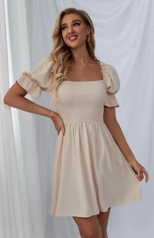 A-line,a-line dress,chiffon,chiffon dress,empire,empire dress,flowy,flowy dress,ladies Wrinkle resistant,mini,mini dress,mini hem dress,party,party dress,puff sleeve,puff sleeve dress,Quick drying mini dress,ruffles,slip-on,slip-on dress,solid,solid dress,square,square neckline dress,straight,summer,summer dress-LeStyleParfait