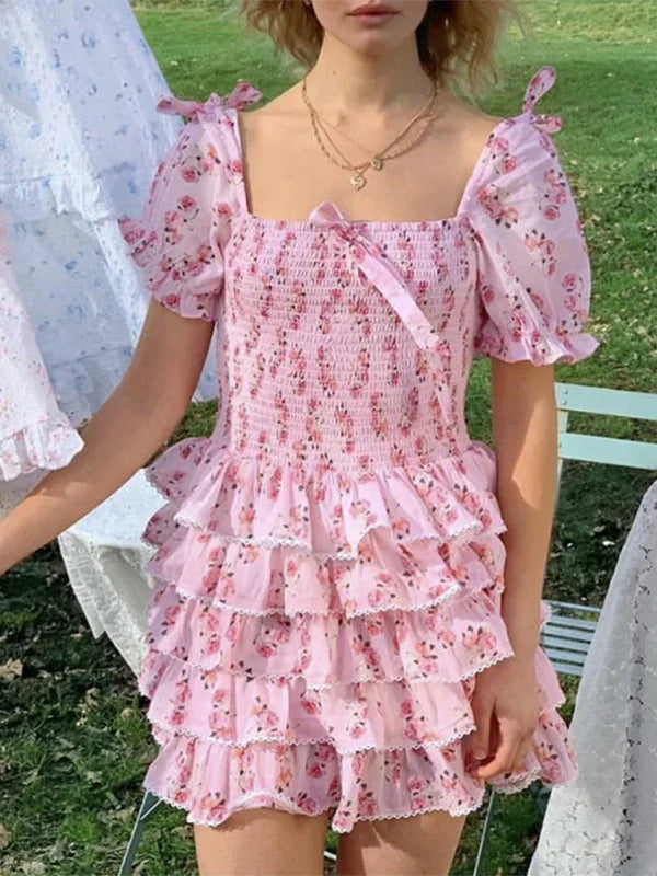 Women Romantic Floral Chiffon Puff Sleeve Mini Dress - Floral Mini Dress - LeStyleParfait