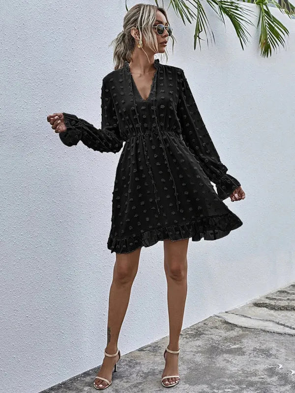 A-line,a-line dress,brunch,brunch dress,casual dress,chiffon,flowy,flowy dress,high-waist dress,jacquard dress,ladies Wrinkle Resistant,long sleeve,long sleeves with ruffle cuffs dress,mini,mini dress,polka dot,polka dot dress,pullover dress,Quick Drying mini dress,ruffle hem dress,ruffled,ruffles,slip-on,spring,spring dress,V-neck,v-neck dress-LeStyleParfait