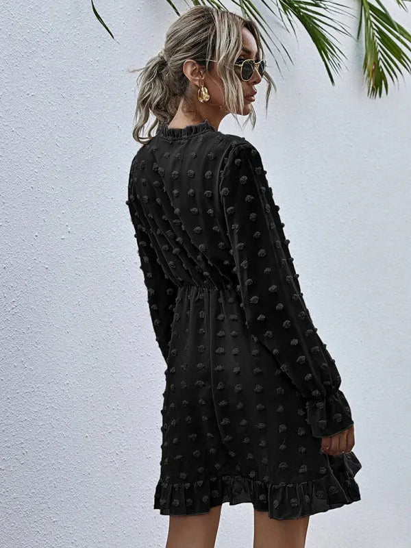 A-line,a-line dress,brunch,brunch dress,casual dress,chiffon,flowy,flowy dress,high-waist dress,jacquard dress,ladies Wrinkle Resistant,long sleeve,long sleeves with ruffle cuffs dress,mini,mini dress,polka dot,polka dot dress,pullover dress,Quick Drying mini dress,ruffle hem dress,ruffled,ruffles,slip-on,spring,spring dress,V-neck,v-neck dress-LeStyleParfait