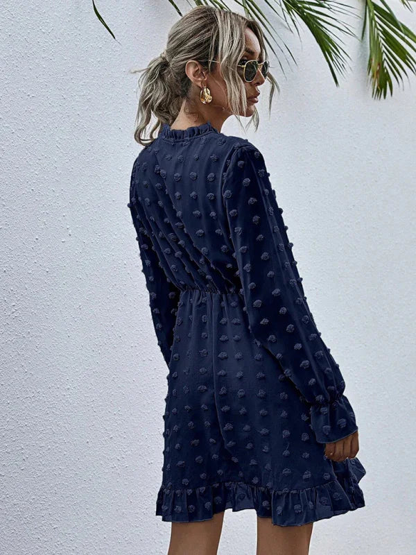 A-line,a-line dress,brunch,brunch dress,casual dress,chiffon,flowy,flowy dress,high-waist dress,jacquard dress,ladies Wrinkle Resistant,long sleeve,long sleeves with ruffle cuffs dress,mini,mini dress,polka dot,polka dot dress,pullover dress,Quick Drying mini dress,ruffle hem dress,ruffled,ruffles,slip-on,spring,spring dress,V-neck,v-neck dress-LeStyleParfait