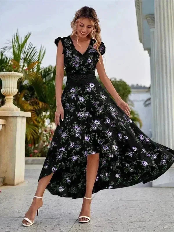 Romantic Floral Asymmetric Chiffon Maxi Dress fashion image