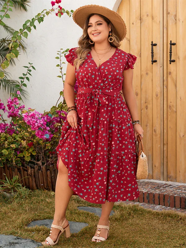 Romantic Floral Lace Wrap Midi Dress
