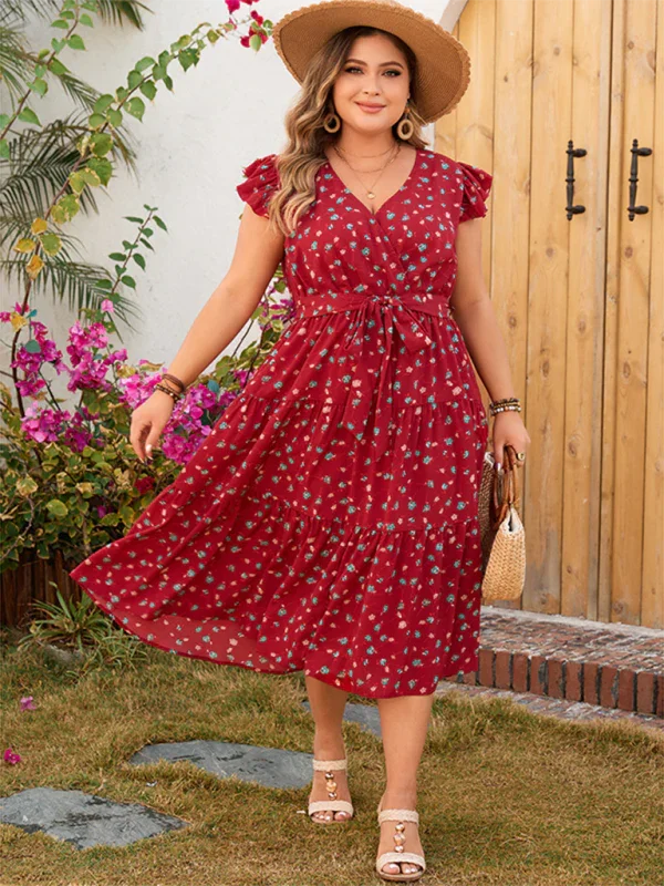 Romantic Floral Lace Wrap Midi Dress