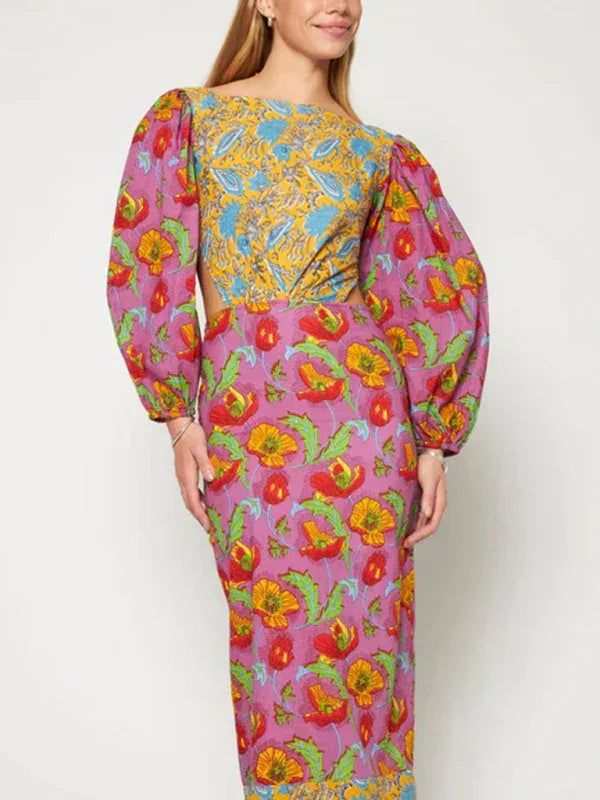 Romantic Floral Lantern Sleeve Midi Dress