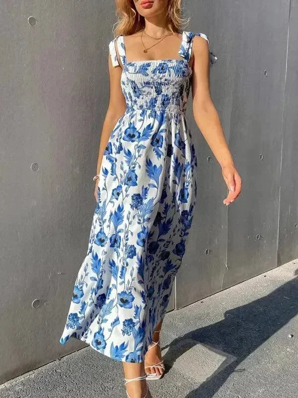 Romantic Green Floral Cotton Midi Dress