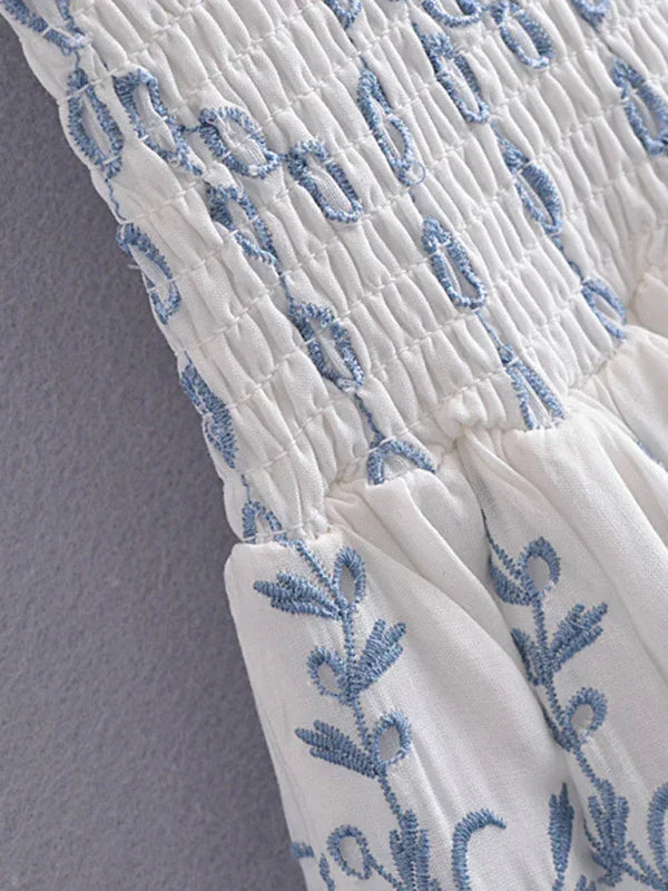 Romantic White Embroidered Puff Sleeve Dress