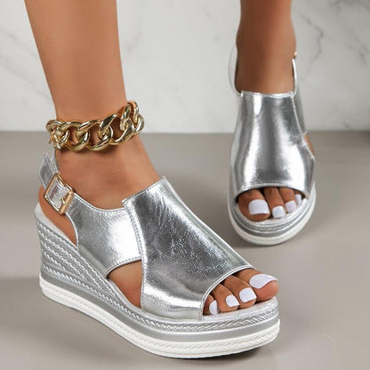 Shinny Wedge Sandal Shoes - Wedge Shoes - LeStyleParfait