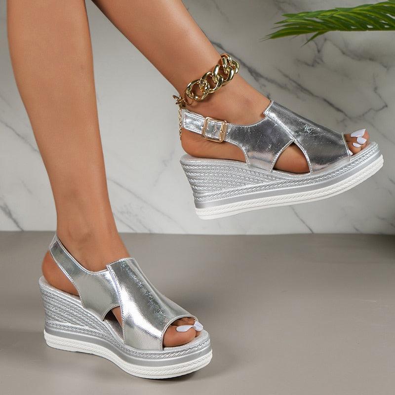 Shinny Wedge Sandal Shoes - Wedge Shoes - LeStyleParfait