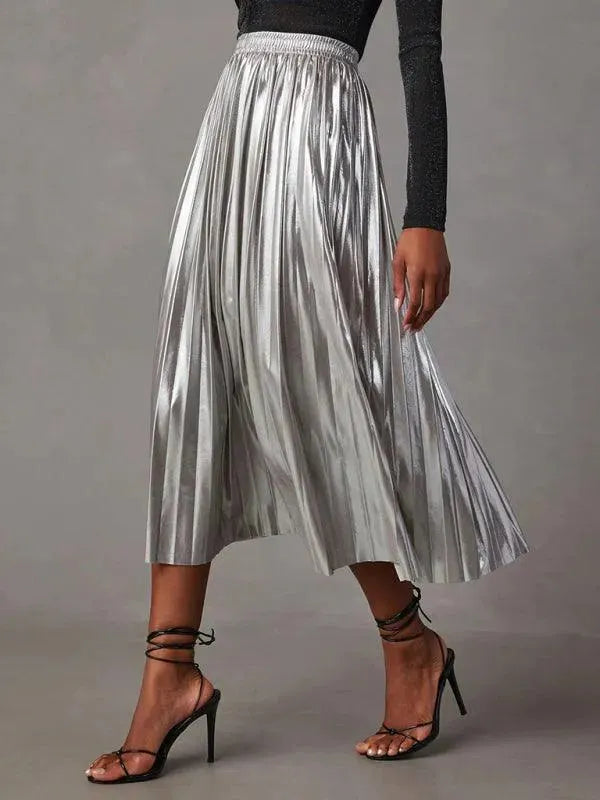 Shiny Pleated High-waisted A-line Plisse Skirt - A-line Plisse Skirt - LeStyleParfait
