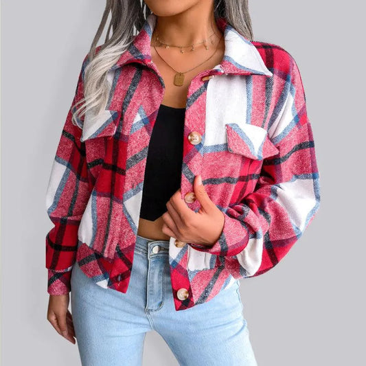 Short Plaid Loose Women’s Coat-Women Coats-LeStyleParfait