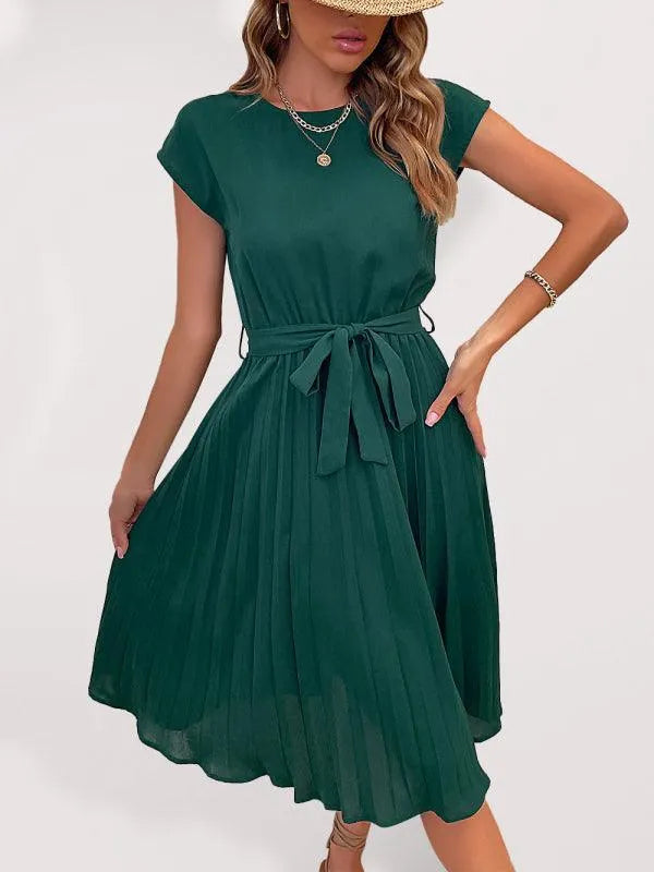 Short Sleeve Pleated Midi Dress-LeStyleParfait