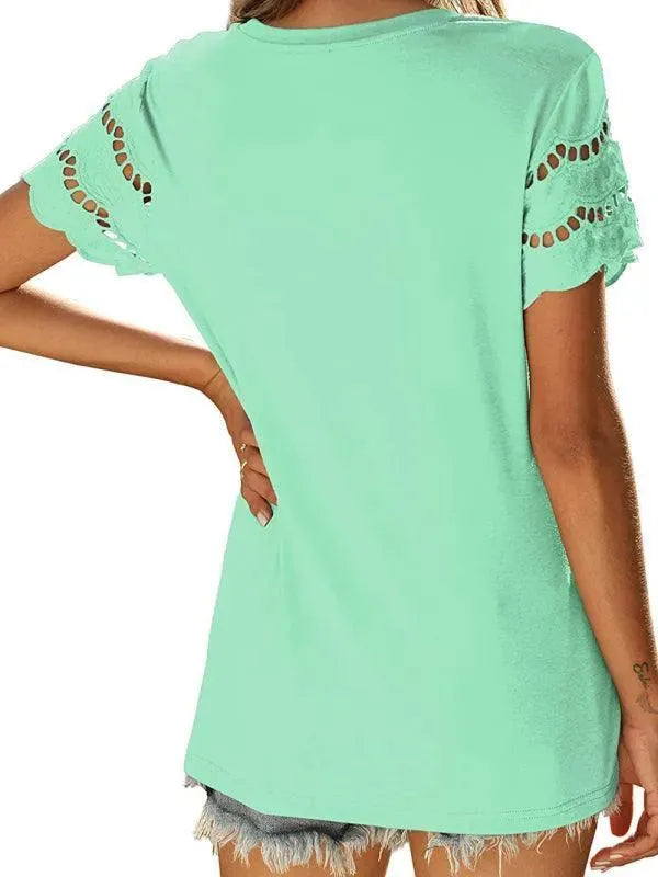 Short Sleeve Solid Lace Knit Women Top - Women Tops - LeStyleParfait
