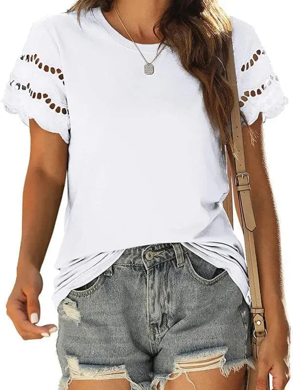 Short Sleeve Solid Lace Knit Women Top - Women Tops - LeStyleParfait