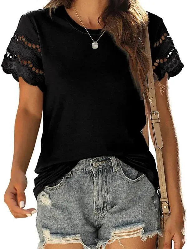 Short Sleeve Solid Lace Knit Women Top - Women Tops - LeStyleParfait